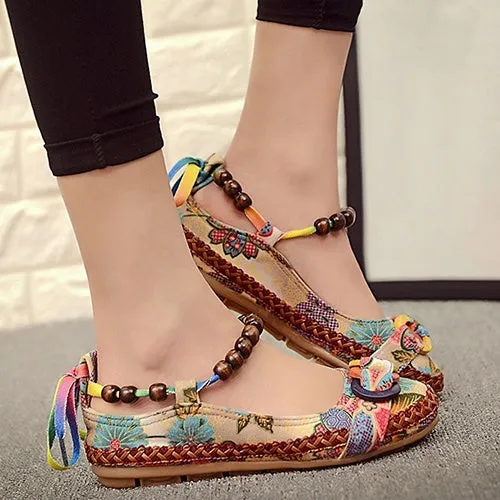 2017 New fashion Women Ethnic Lace Up Beading Round Toe Comfortable Flats Colorful Loafers casual embroidered cotton shoes 7013W