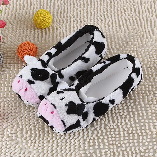 2017 New Warm Flats Soft Sole Women Indoor Floor Slippers/Shoes Animal Shape White Gray Cows Pink Flannel Home Slippers 6 Color