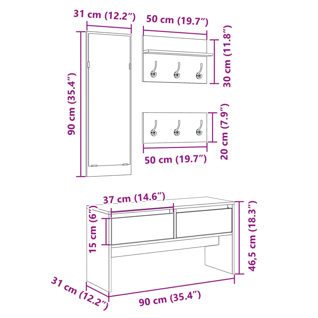 4 Piece Hallway Furniture Set White Engineered Wood