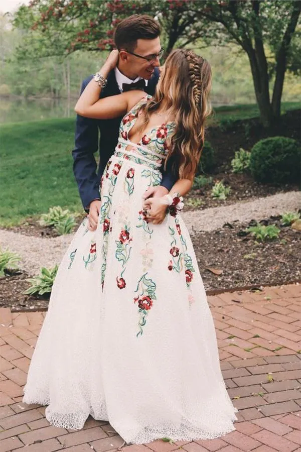 A Line V Neck Ivory Lace Prom Dresses with Flowers, Long Evening Dresses with Appliques