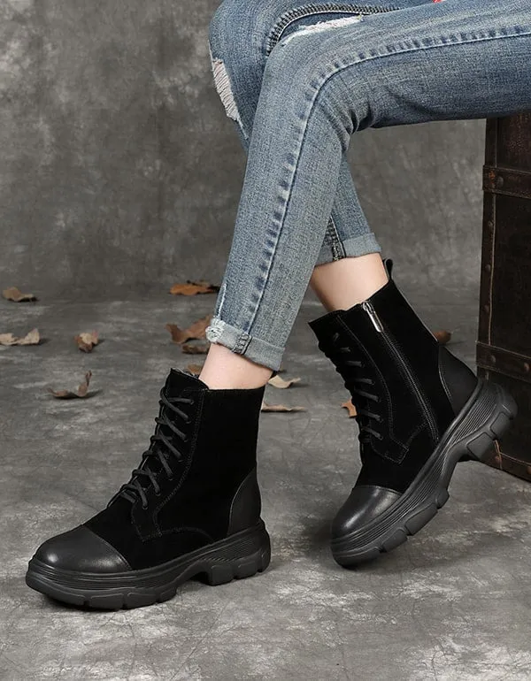 Autumn Winter Thick-sole Lace-up Retro Suede Boots