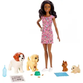 Barbie Doggy Daycare Doll Brunette Hair with 2 Dogs and 2 Puppies