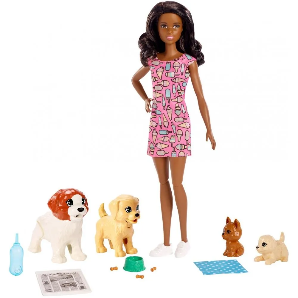 Barbie Doggy Daycare Doll Brunette Hair with 2 Dogs and 2 Puppies