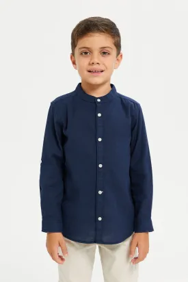 Boys Navy Long Sleeved Mandarin Shirt