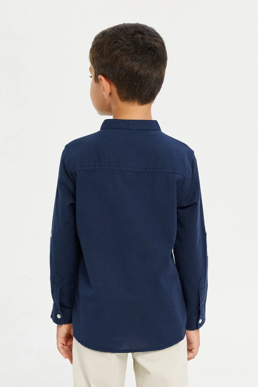 Boys Navy Long Sleeved Mandarin Shirt