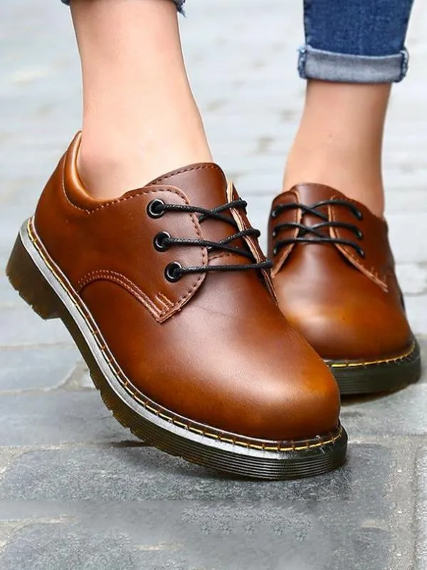 British Style Lace Up Casual Solid Color Flat Shoes