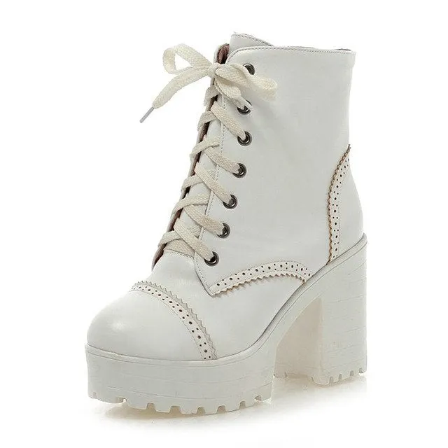 brogue square High Heels women Ankle Boots