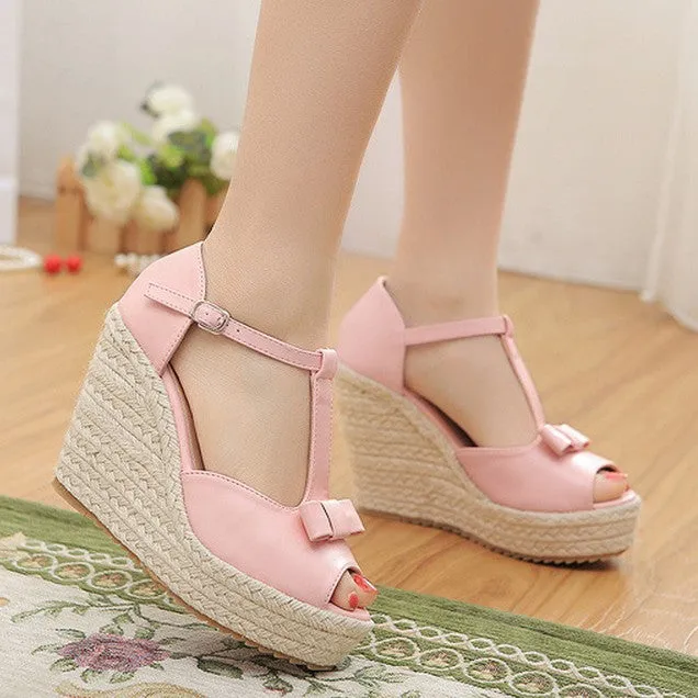 Crystal Queen Women Sandals Wedges Shoes Platform High Heels Sandals T Belt Women Sandals Hemp Rope Straw Braid Wedding Shoes