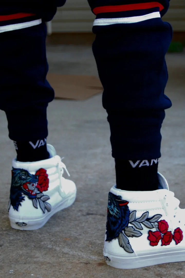 Custom Embroidered Wolf Rose Vans Sneakers Shoes – White