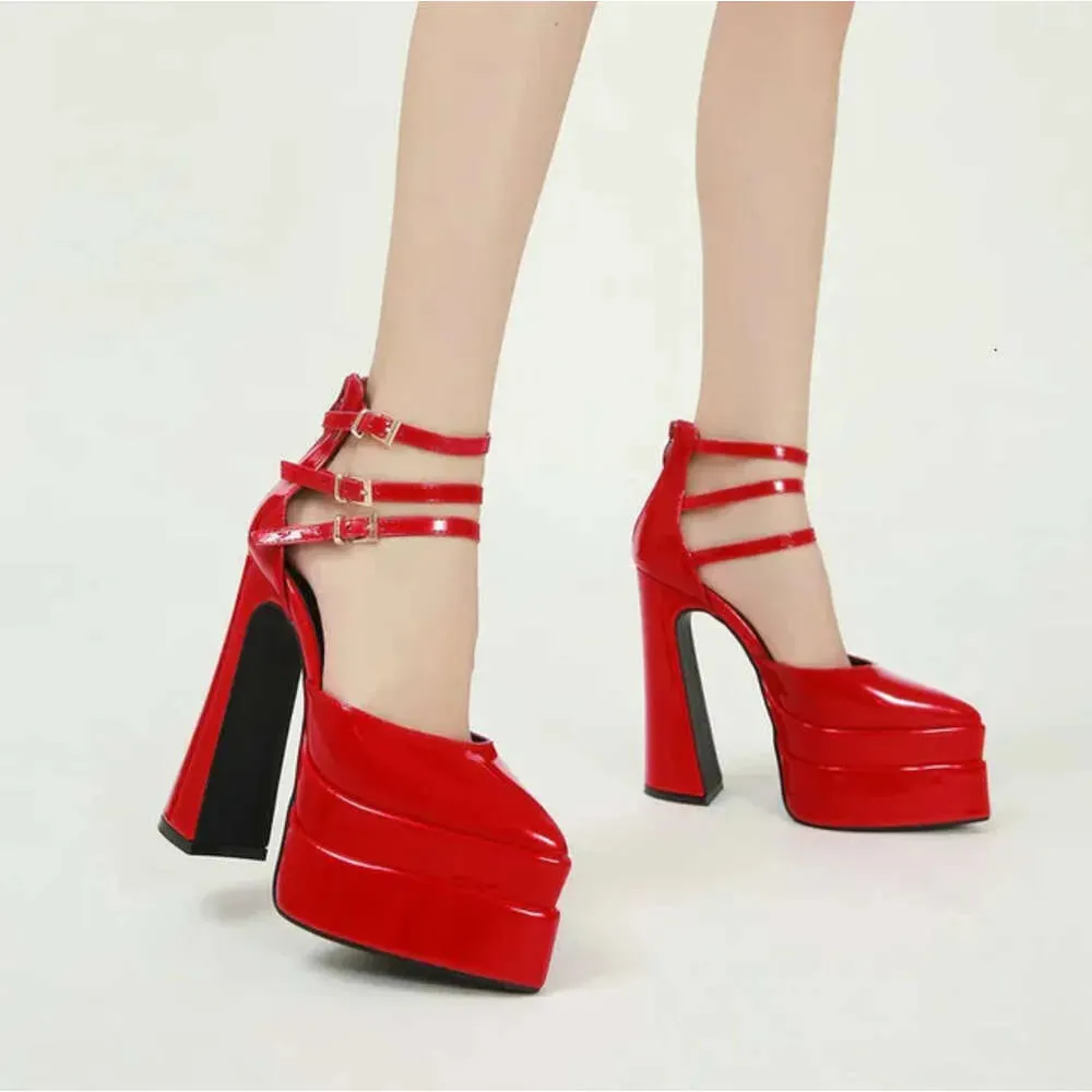 European Catwalk Buckle Chunky Heel Pointed Patent Leather Sandals Super High Heels Waterproof Platform Pumps Kq8