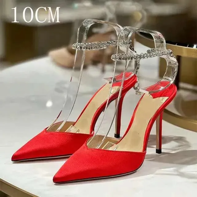 European Girls High Heels  New Summer Rhine-Diamond Chain Pointy Pink Sexy Skinny Toe Satin Pumps Kq8