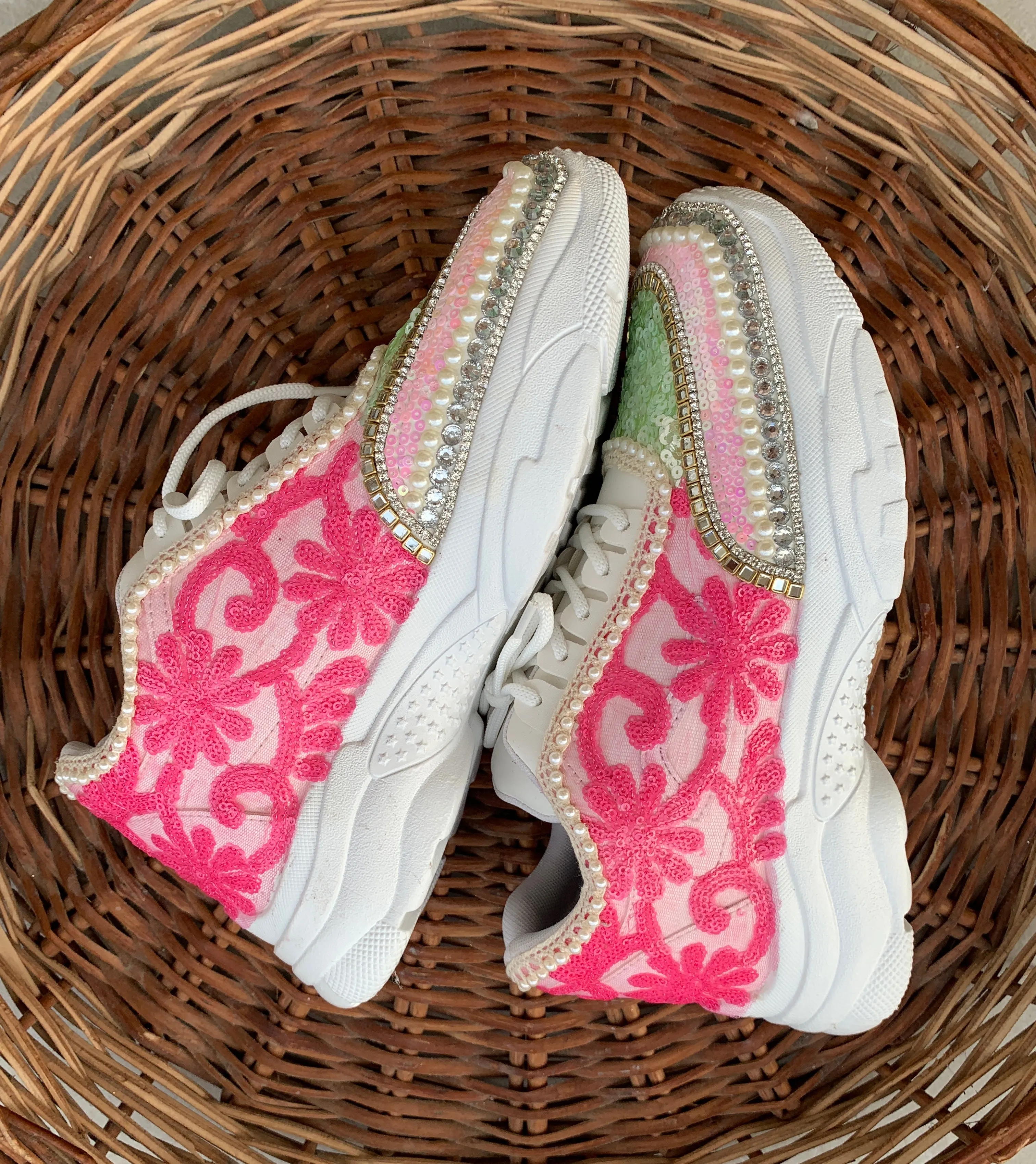 FUNKY N TRENDY hand embroidered pink and green floral work sneakers