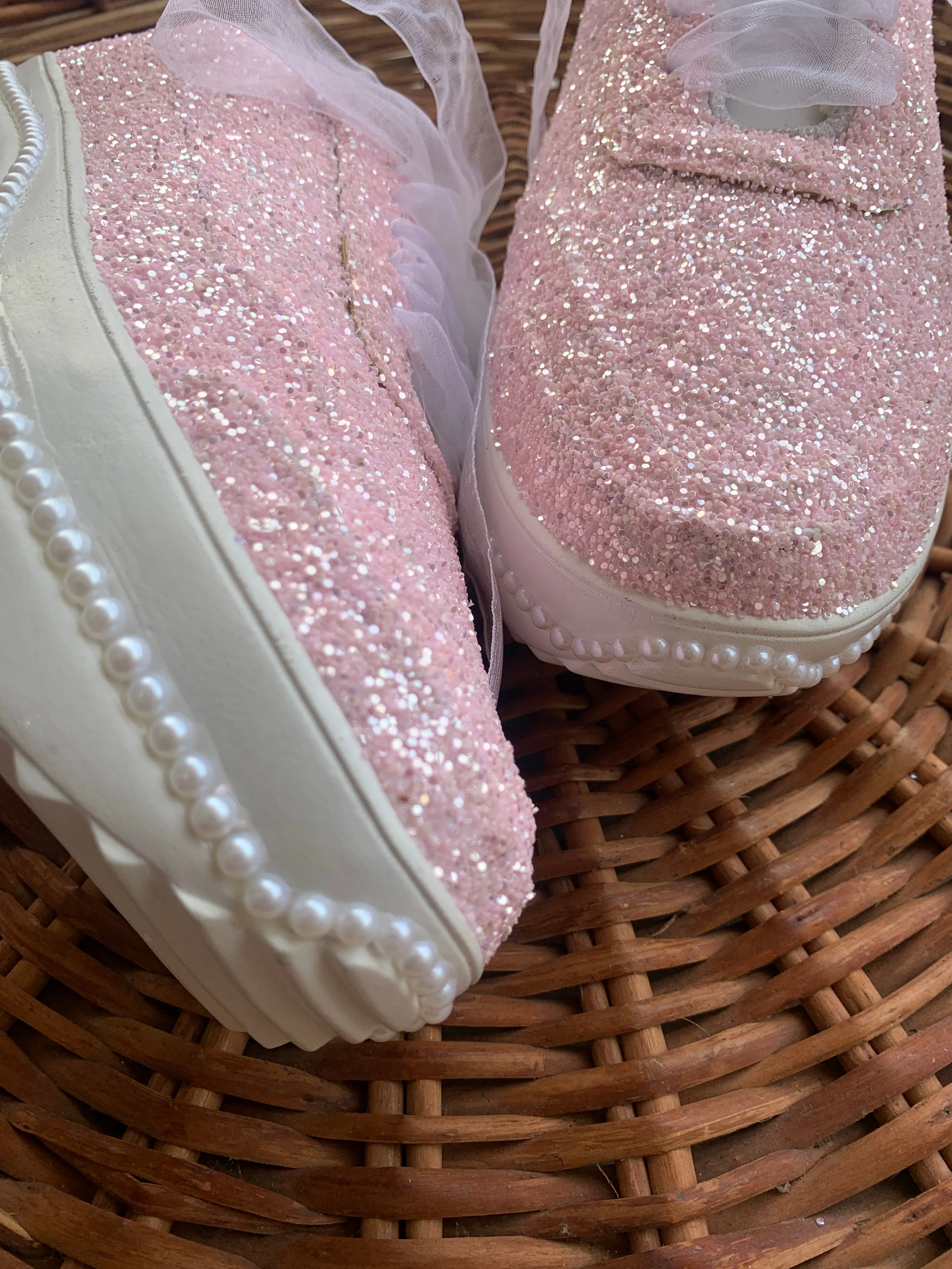 FUNKY N TRENDY pink glitter heeled sneakers with pearl detailing for brides /bridesmaids / sneakers for bridesmaids/ handcrafted sneakers/ glitter sneakers / bridal sneakers / bridesmaid sneakers/ pink sneakers / pink shoes