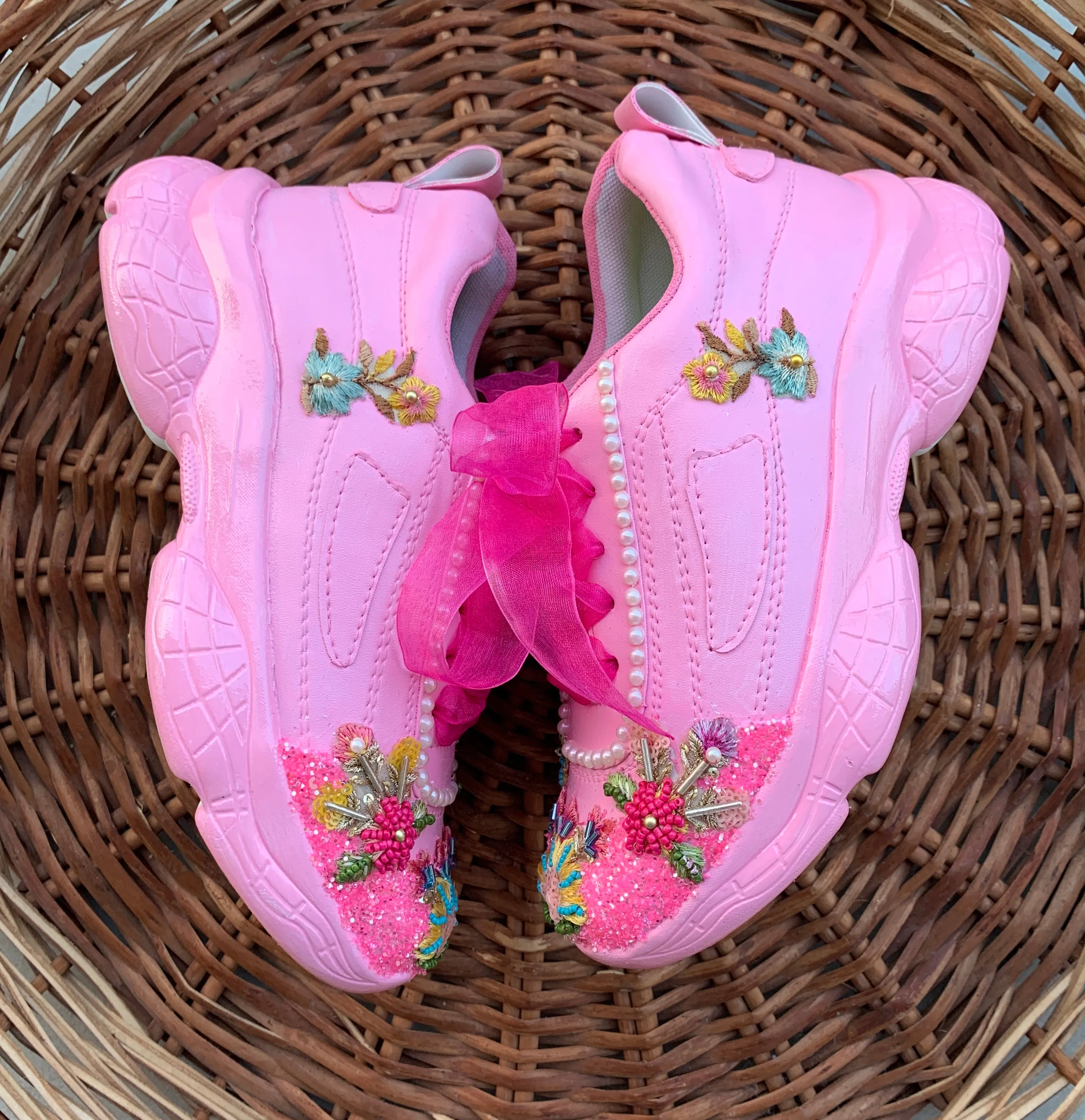 FUNKY N TRENDY pink hand embroidered sneakers for brides / bridesmaids/ pink sneakers / pink shoes / floral shoes / floral embroidered sneakers/ embroidered shoes