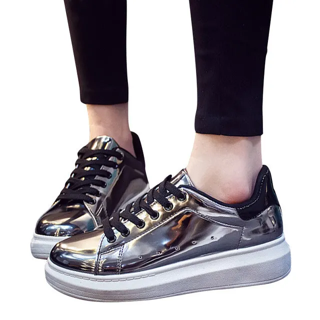 HEE GRAND Patent Leather Creepers Platform Shoes Woman 2017 Casual Loafers Gold Silver Flats Lace-Up Women Shoes XWC1010