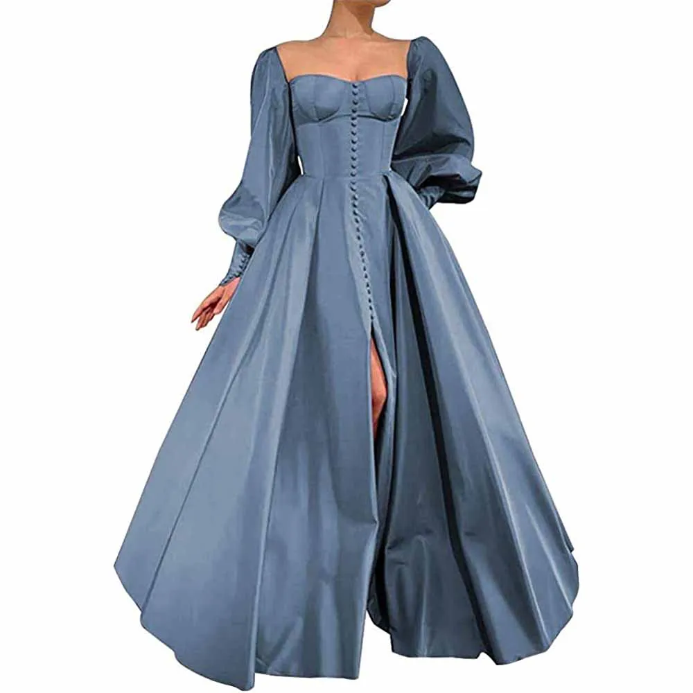 Long Puffy Sleeve Prom Dresses Ball Gown Satin Wedding Party Dress