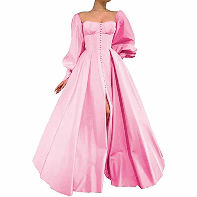 Long Puffy Sleeve Prom Dresses Ball Gown Satin Wedding Party Dress