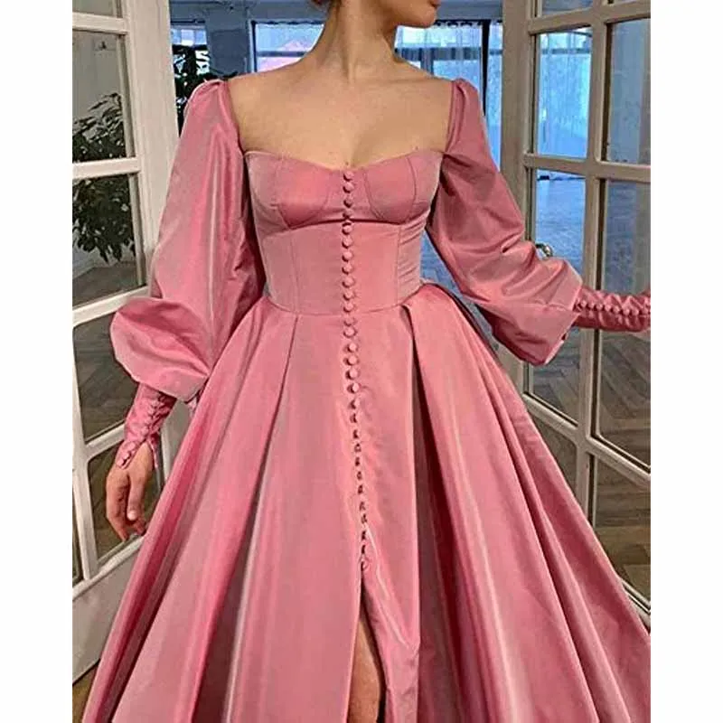 Long Puffy Sleeve Prom Dresses Ball Gown Satin Wedding Party Dress