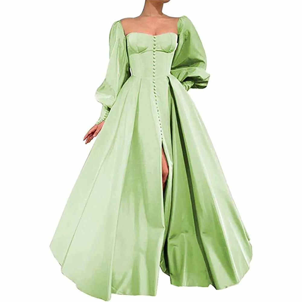 Long Puffy Sleeve Prom Dresses Ball Gown Satin Wedding Party Dress