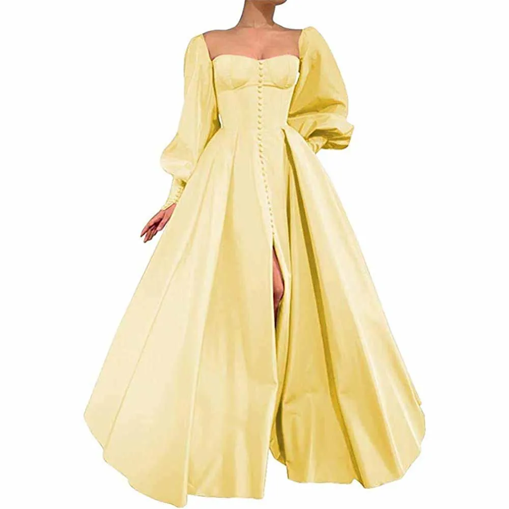 Long Puffy Sleeve Prom Dresses Ball Gown Satin Wedding Party Dress