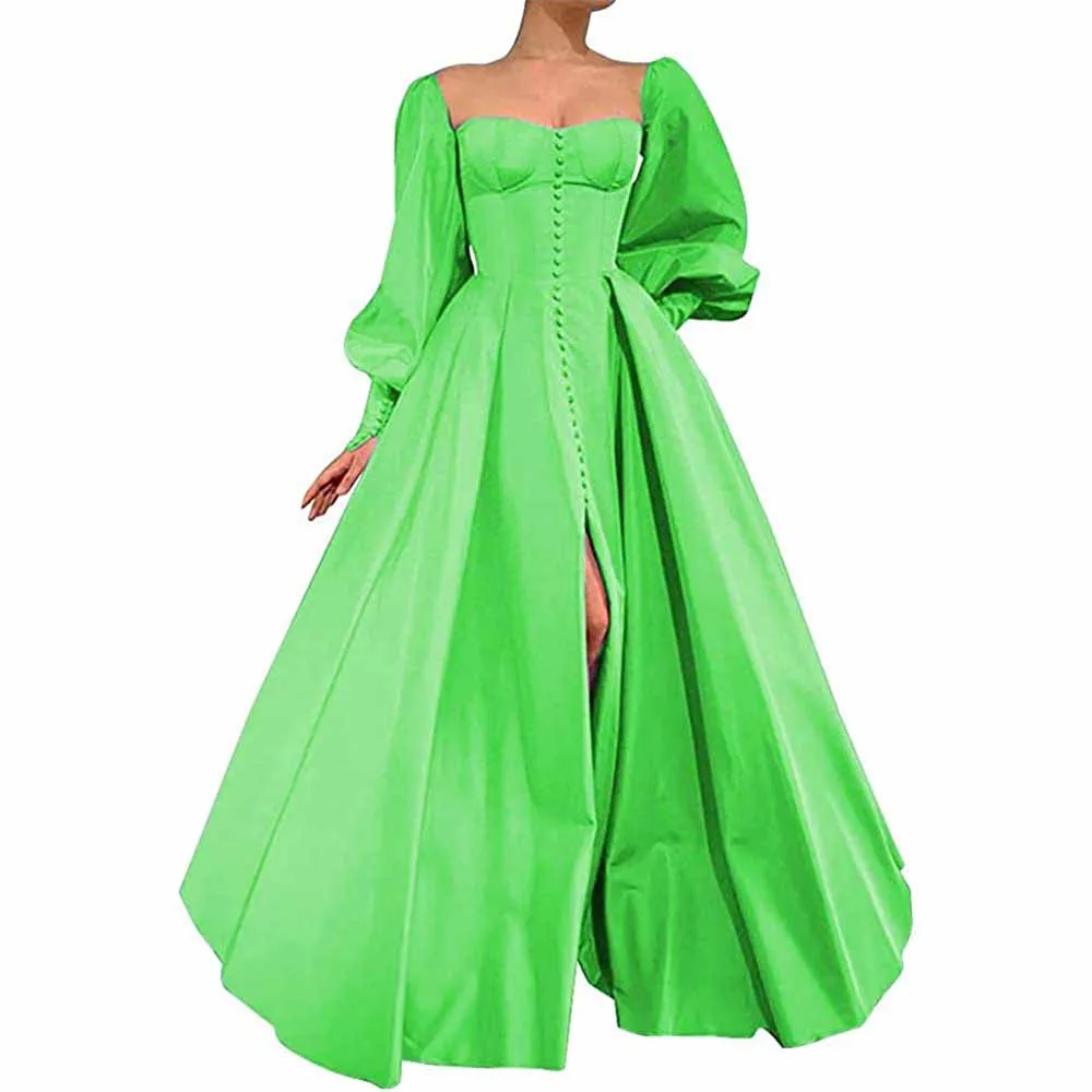 Long Puffy Sleeve Prom Dresses Ball Gown Satin Wedding Party Dress