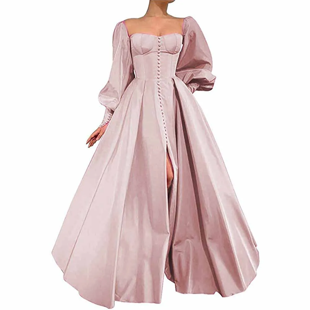 Long Puffy Sleeve Prom Dresses Ball Gown Satin Wedding Party Dress