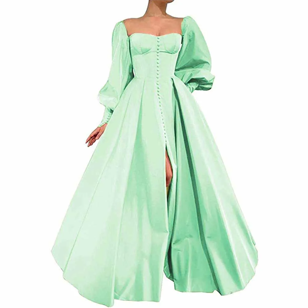 Long Puffy Sleeve Prom Dresses Ball Gown Satin Wedding Party Dress