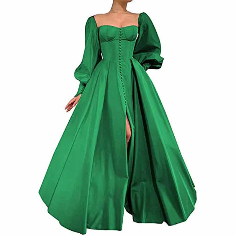 Long Puffy Sleeve Prom Dresses Ball Gown Satin Wedding Party Dress