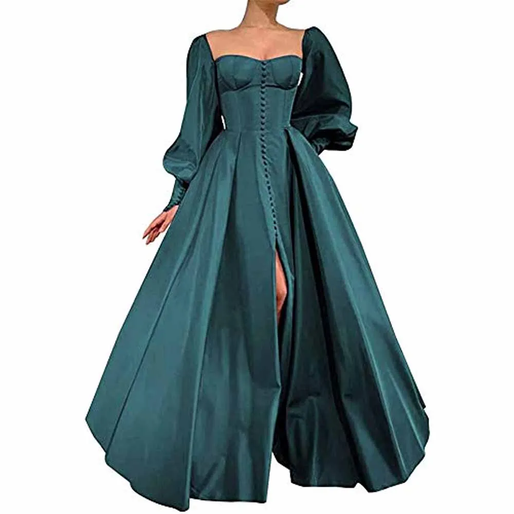 Long Puffy Sleeve Prom Dresses Ball Gown Satin Wedding Party Dress