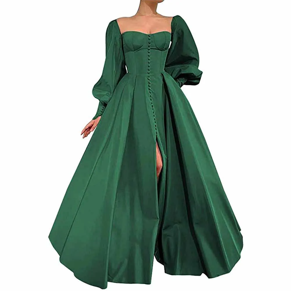 Long Puffy Sleeve Prom Dresses Ball Gown Satin Wedding Party Dress