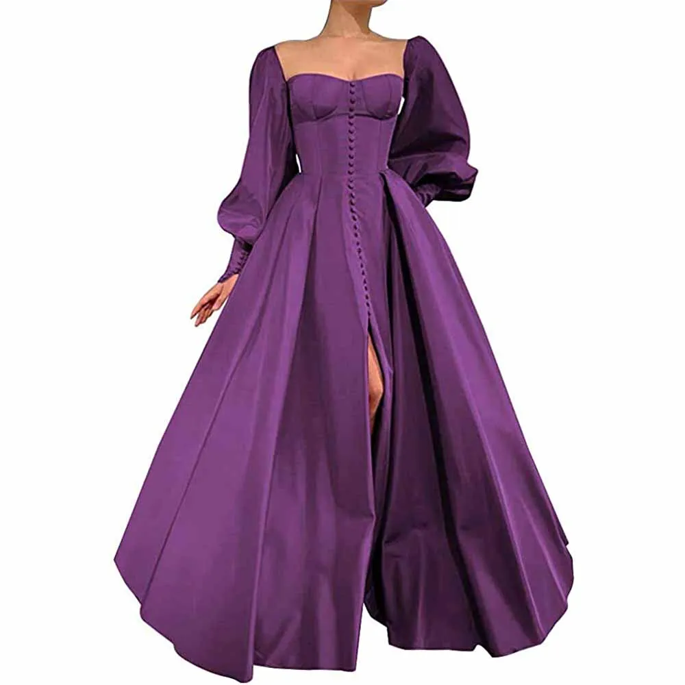 Long Puffy Sleeve Prom Dresses Ball Gown Satin Wedding Party Dress