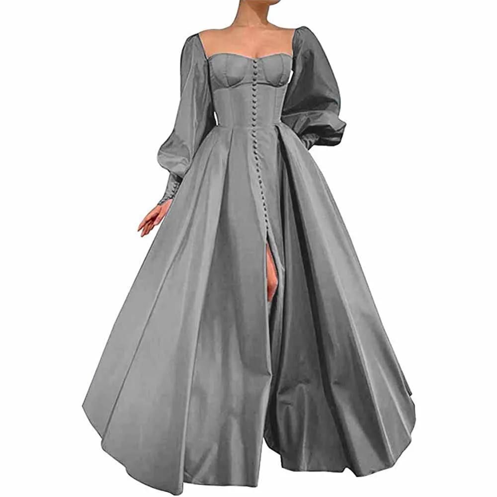 Long Puffy Sleeve Prom Dresses Ball Gown Satin Wedding Party Dress