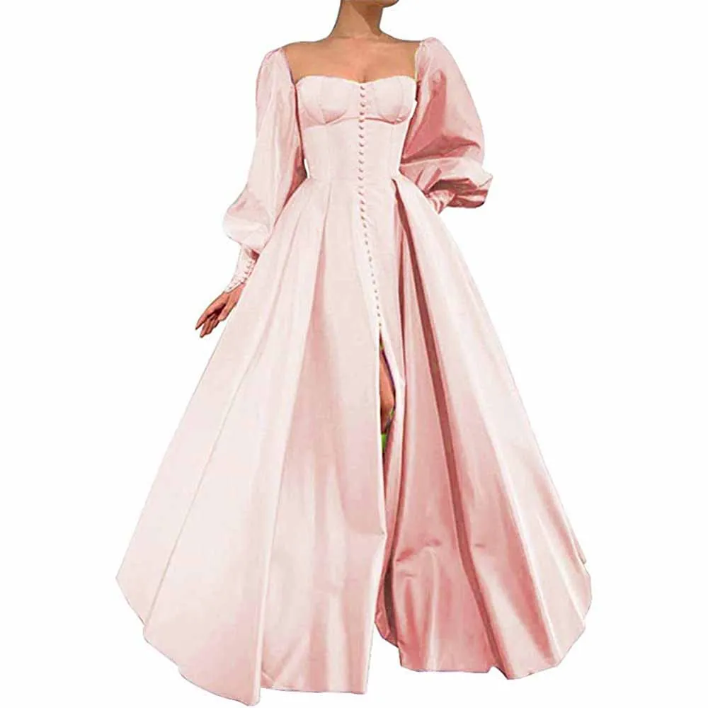 Long Puffy Sleeve Prom Dresses Ball Gown Satin Wedding Party Dress