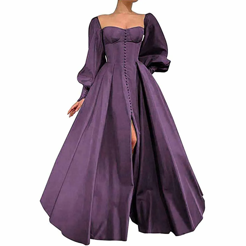 Long Puffy Sleeve Prom Dresses Ball Gown Satin Wedding Party Dress