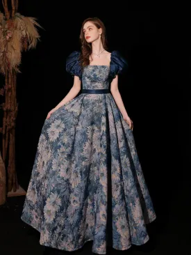 Lovely Blue Floral A-line Off Shoulder Party Dress, Blue Prom Dress Evening Dress