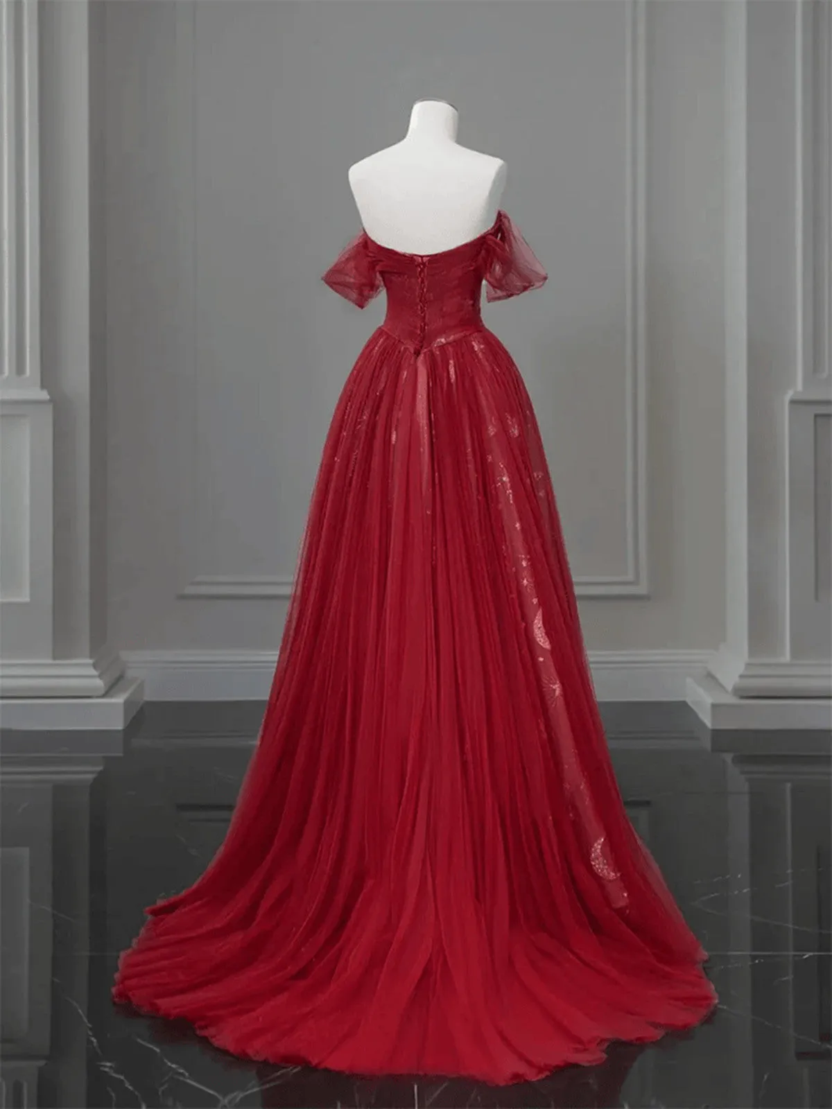 Lovely Wine Red Floor Length Sweetheart Tulle Party Dress, Wine Red Prom Dress