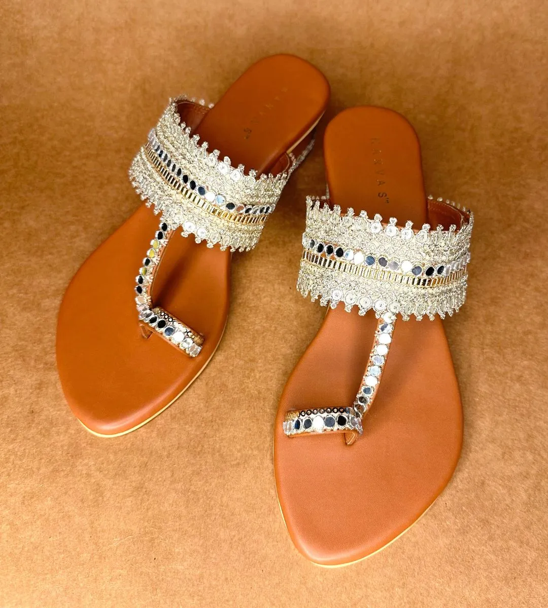 Mirror Work Gold Kolhapuri Heels