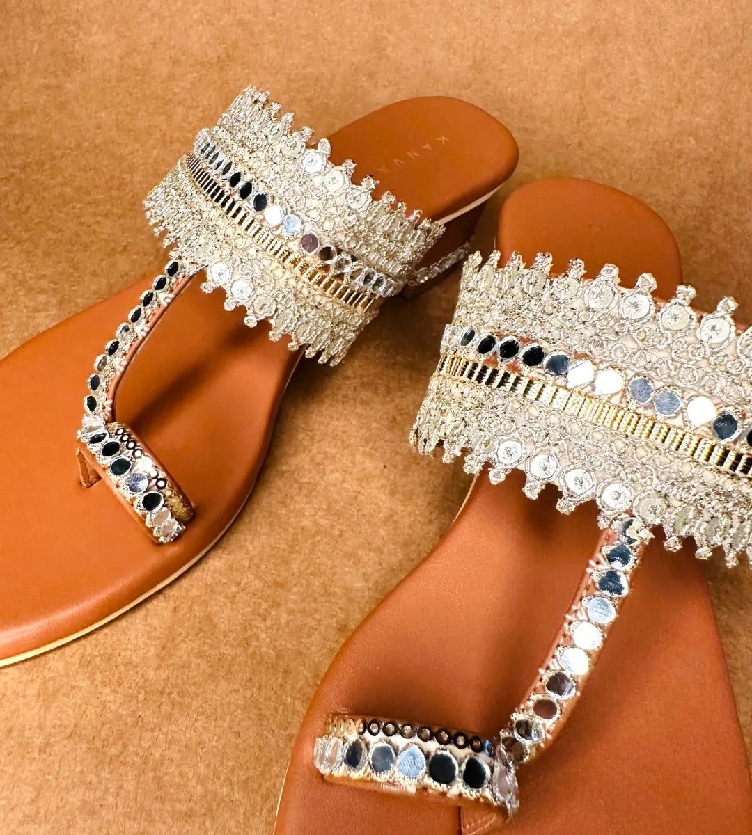 Mirror Work Gold Kolhapuri Heels