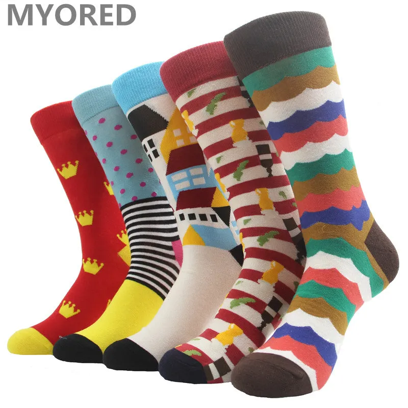 MYORED Fashion Colorful Socks Men Hit Color argyle Stripes big dot Jacquard filled optic combed Cotton Male Sock wedding gift