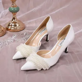 New Pearl Stiletto Heels Fairy White Wedding Bridesmaid Shoes Fashion Party Pumps Kq8