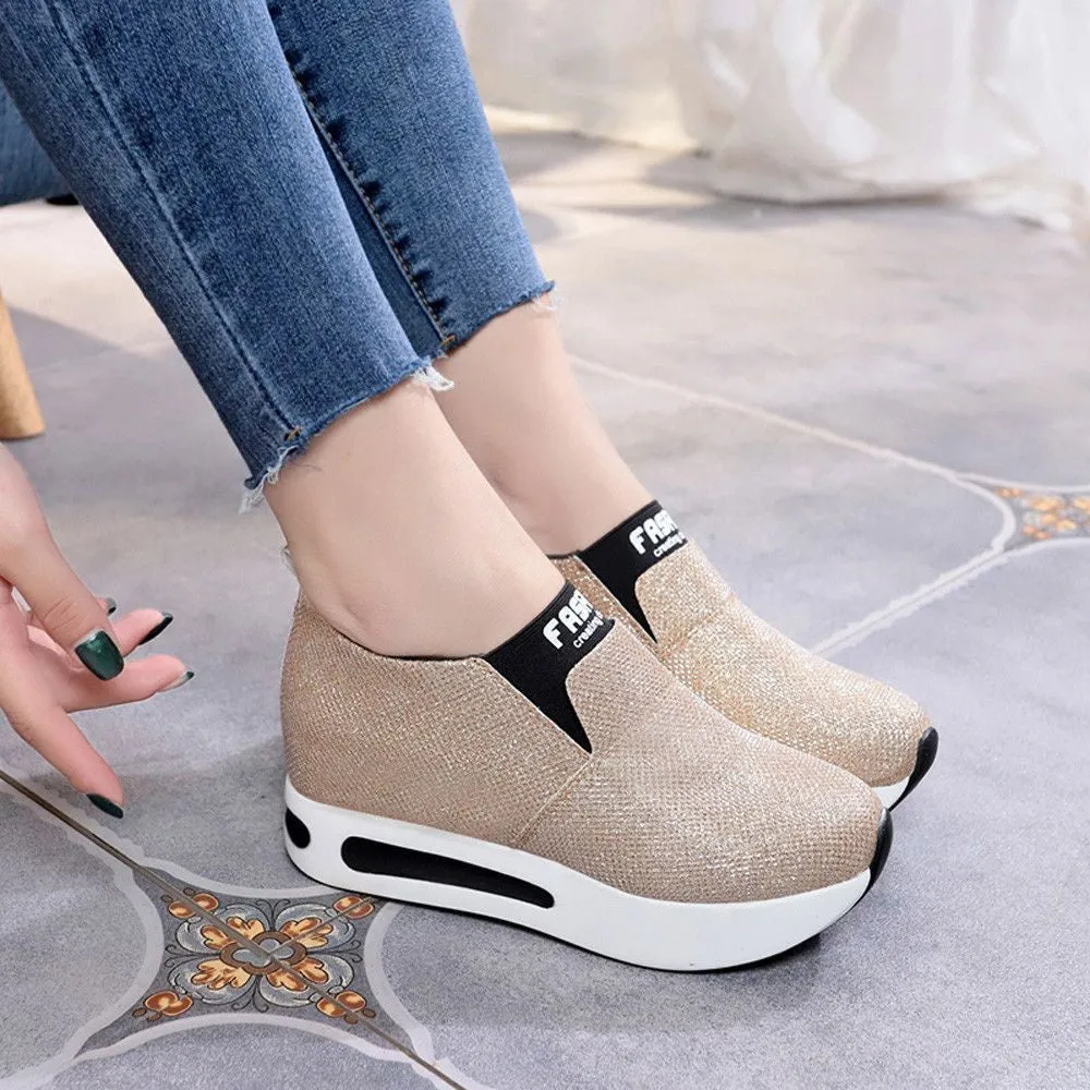 OCW New Walking Fashion Rhinestone Sequins Glitter Shiny Bling Crystal Ultra Soft Wedge Trainers For Women