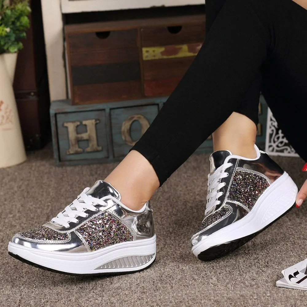 OCW Rhinestone Sequins Glitter Shiny Bling Crystal Platform Slip On Lace Up Ultra Soft Shoes For Women