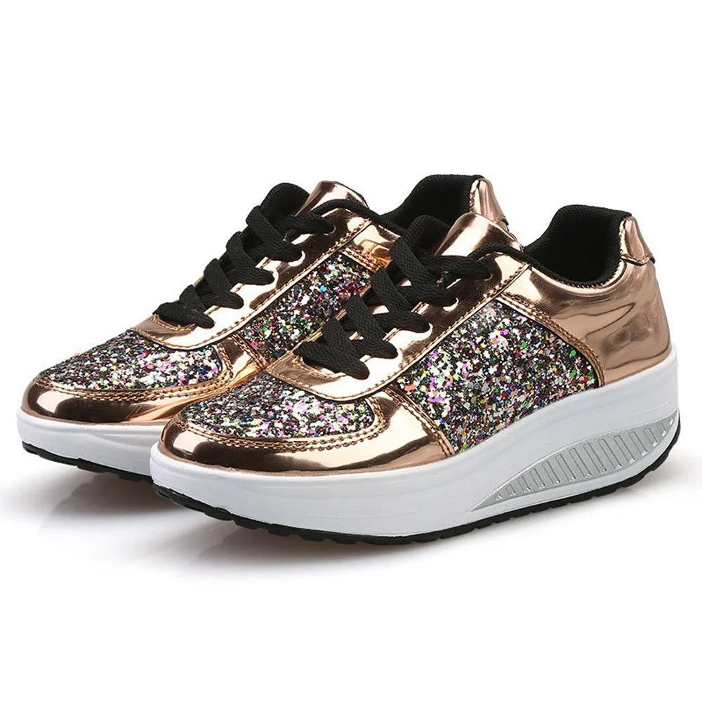 OCW Rhinestone Sequins Glitter Shiny Bling Crystal Platform Slip On Lace Up Ultra Soft Shoes For Women