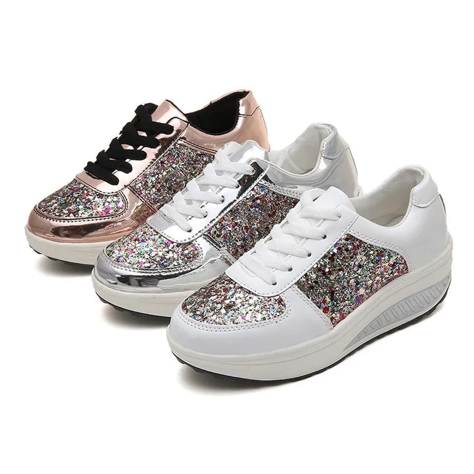 OCW Rhinestone Sequins Glitter Shiny Bling Crystal Platform Slip On Lace Up Ultra Soft Shoes For Women