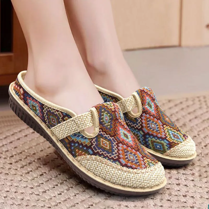 OCW Women Orthopedic Slipper Vintage Paisley Wedge Cloth Shoes Soft Sole Slip-on Muller