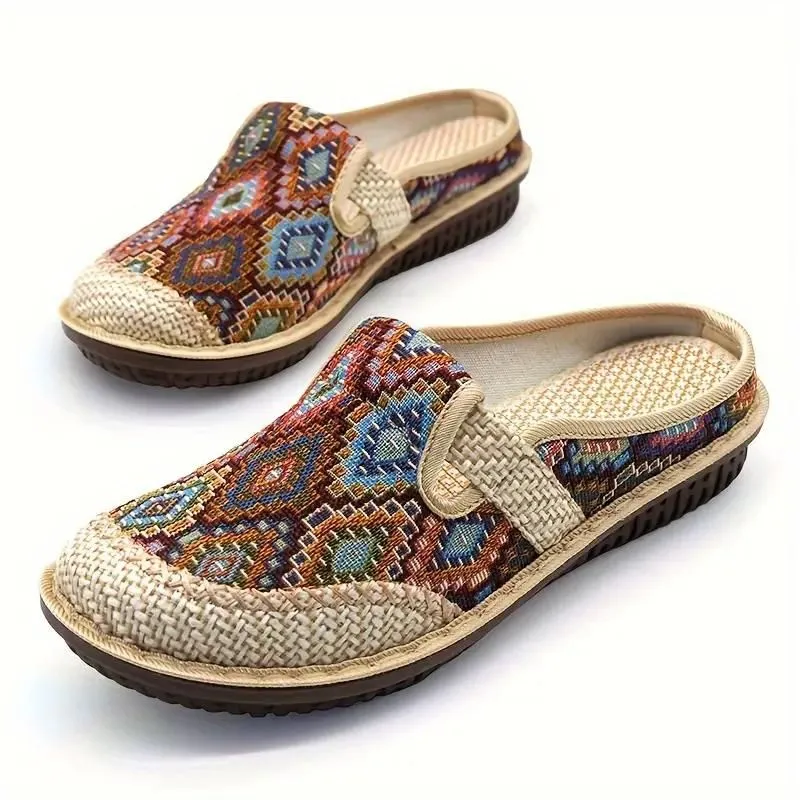 OCW Women Orthopedic Slipper Vintage Paisley Wedge Cloth Shoes Soft Sole Slip-on Muller