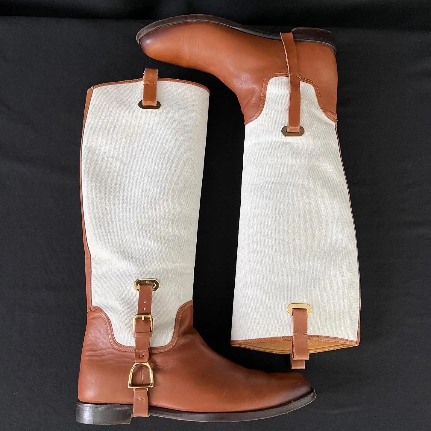 RALPH LAUREN Tan/White Canvas and Leather Riding Knee High Boots