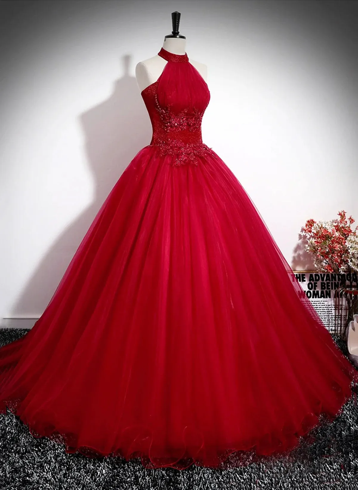 Red Tulle Halter Long Sweet 16 Party Dress with Lace,  Red Formal Dress