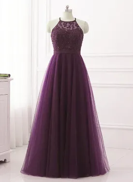 Solvbao Purple Halter Tulle with Lace Applique Long Prom Dress, A-line Floor Length Party Dress