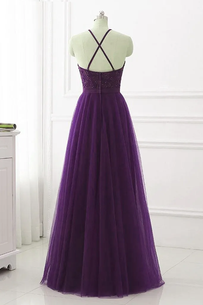 Solvbao Purple Halter Tulle with Lace Applique Long Prom Dress, A-line Floor Length Party Dress